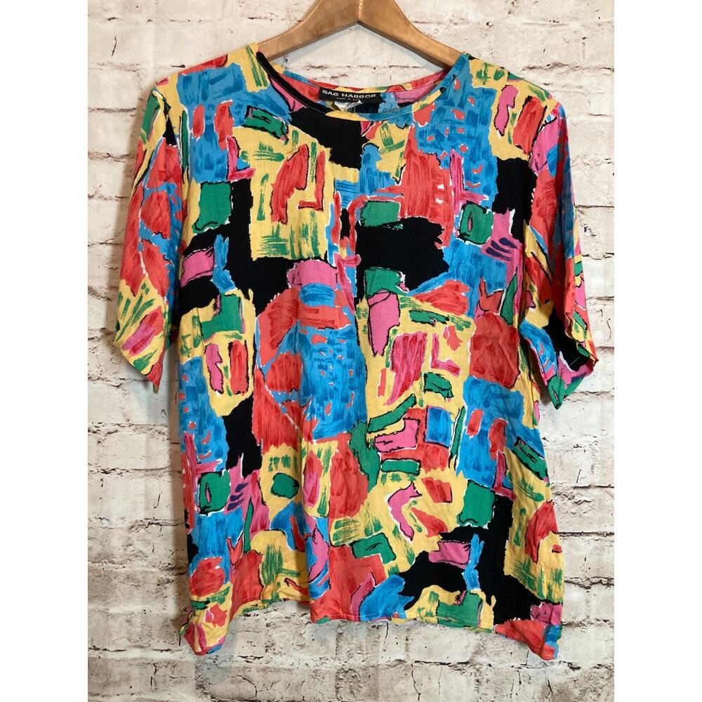 Vintage Sag Harbor Top Womens Medium Colorful Artsy Art To Wear Short Sleeve